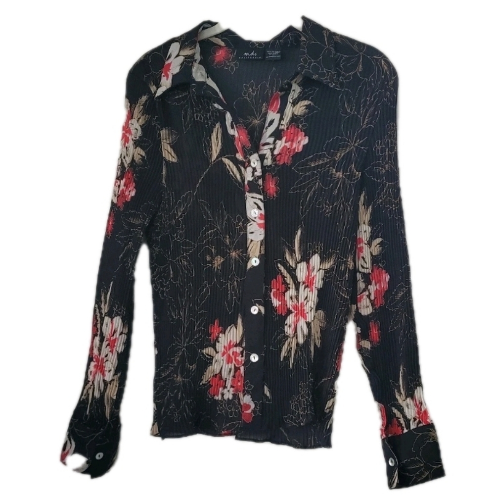 Mds California Womens Red Long Sleeve Pleated Floral Button Up Shirt Size Large